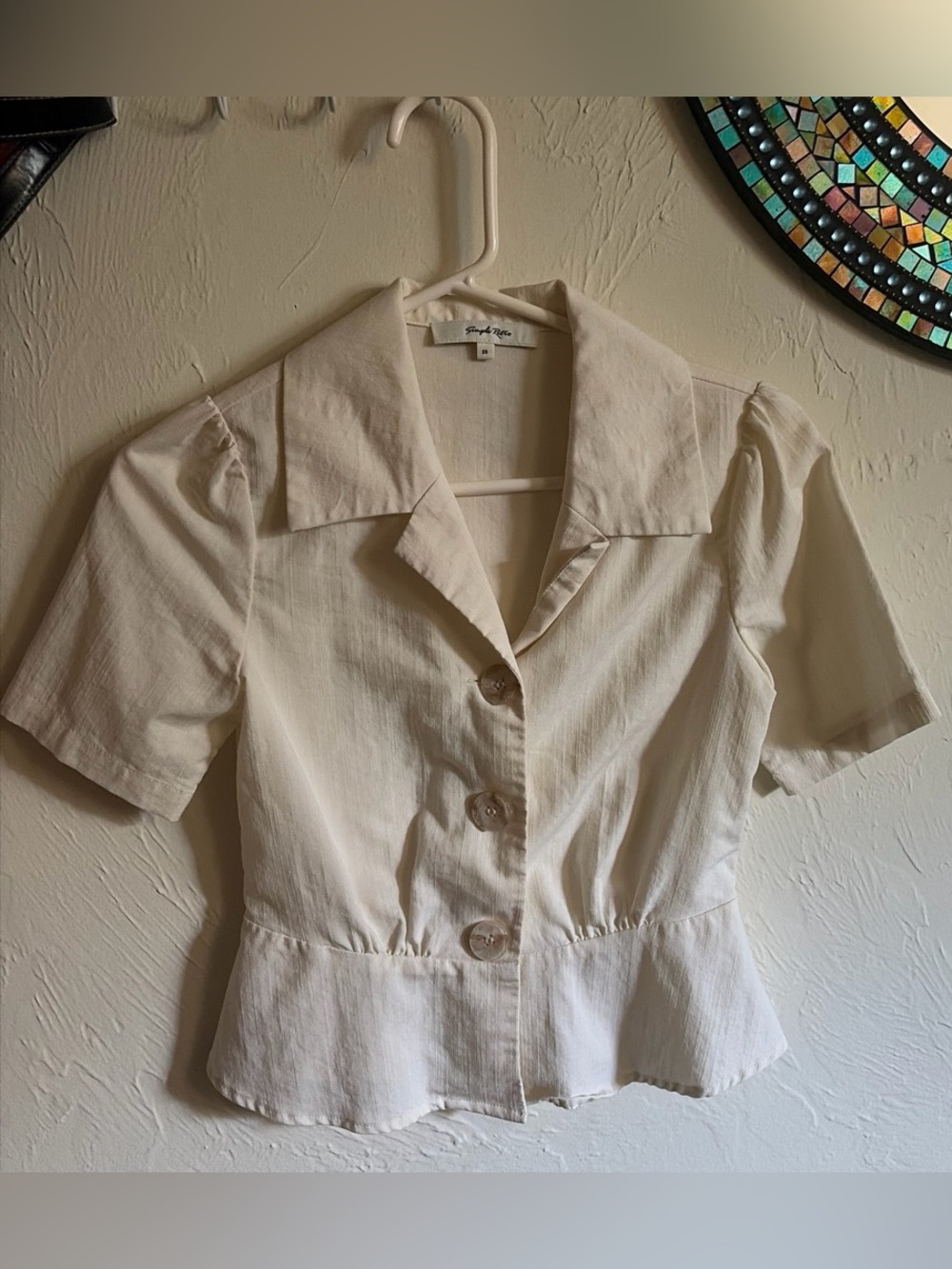 Style & Co. Cream Short-Sleeve Button Front Peplum Blouse